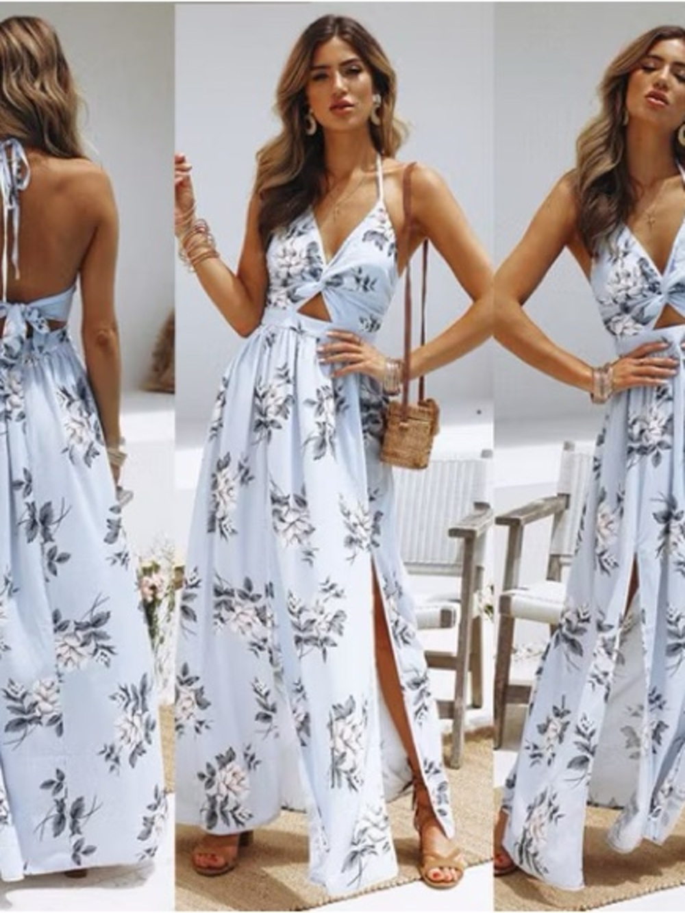 Light Blue Floral Halter Maxi Dress